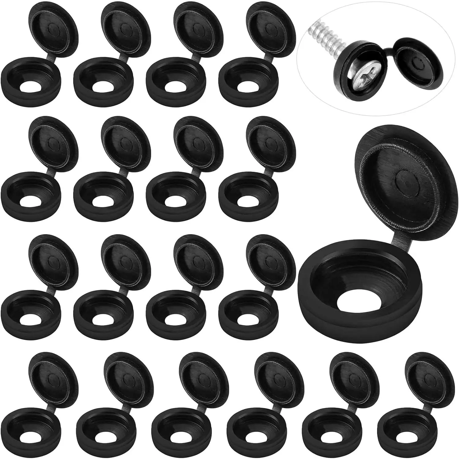 100 Pieces Hinged Screw Cover Caps Plastic Shutter Screw Caps Fold Screw Snap Covers Washer Flip Tops (Black,Medium)
