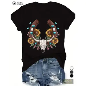 Women's Graphic T-Shirt, Rustic Western Bull Skull & Sunflower Print, 100% Cotton Fitted Shortsleeve Crew Neck Casual All-Season Top, All Seasons