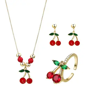 OIDEA Cherry Jewelry Set for Women - K Gold Tone Cherry Necklace Earrings Ring Set, Cute Sweet Y2K Fruit Coquette Style Gift summerwins,summerwins