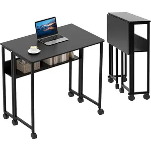Folding Desk with Storage Shelf – 24.8 Inch Compact Table on Wheels for Small Spaces – Sturdy Home Office, Bedroom, Dorm Workstation – Multi-Purpose Portable Writing and Study Desk