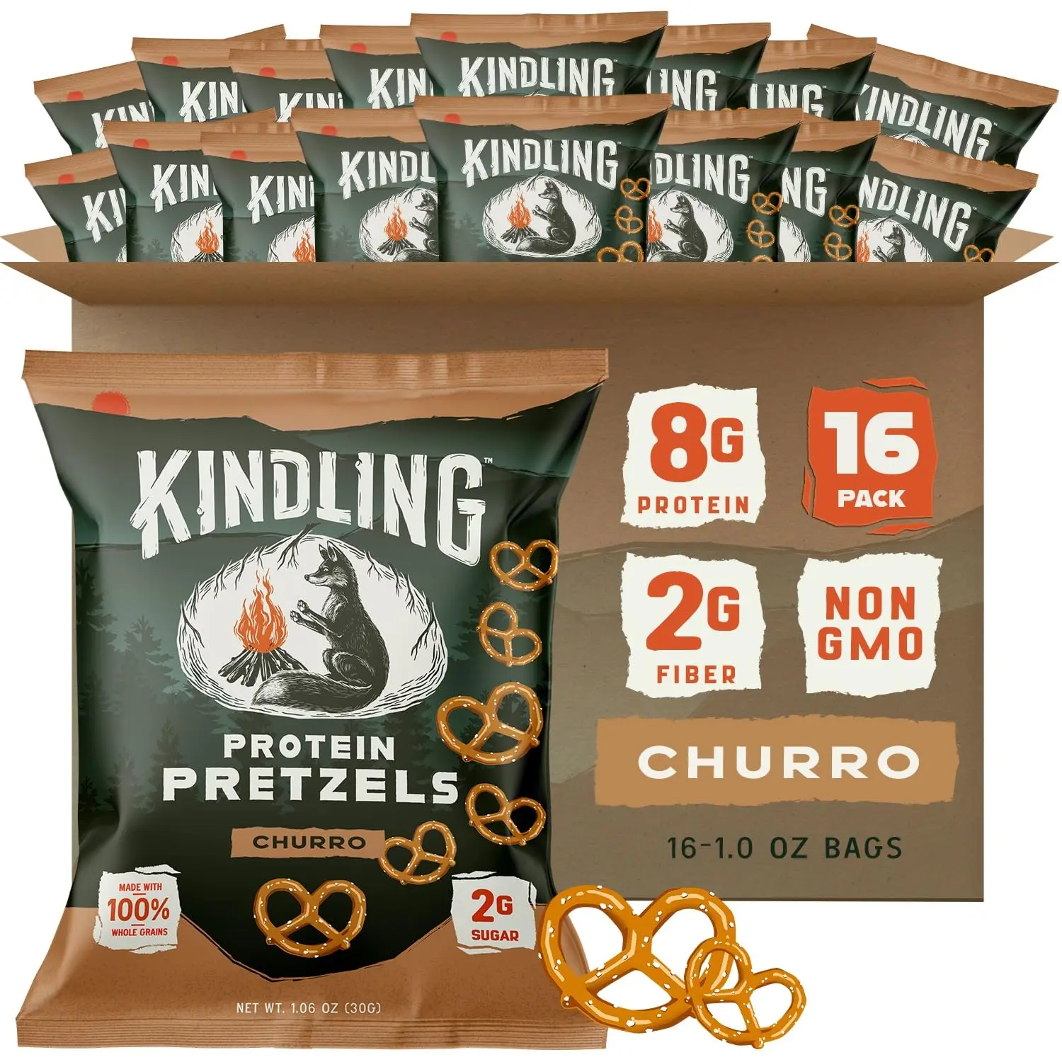Kindling Churro Protein Pretzels, 8–9g Protein Per Serving, Snack-Size Bags, Kosher, Soy-Free, No Artificial Flavors, 16-Count On-the-Go Snack Pack