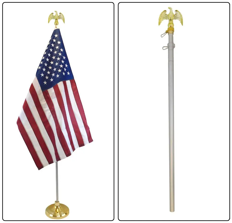 8ft Telescopic Aluminum Flag Pole - 3-Section Collapsible, Adjustable, 1.125 Inch Diameter, Silver Metal with Gold Eagle Top, Indoor Home Improvement & Garden Decor Accessory