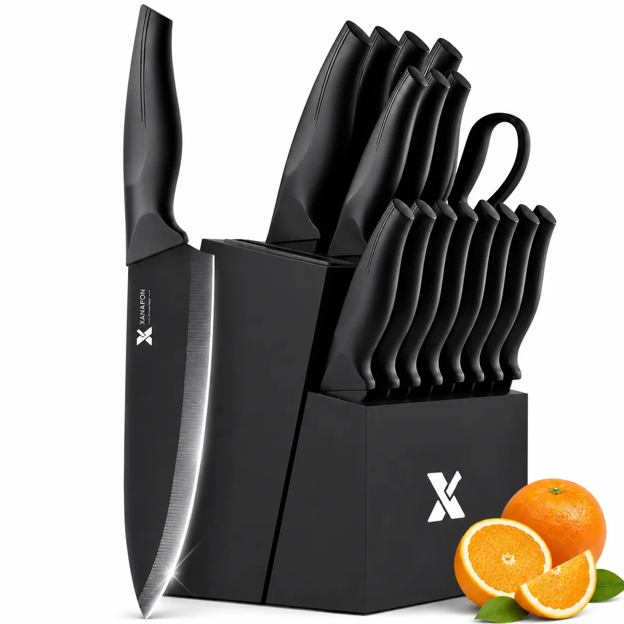 XANAPON 19-Piece Black Kitchen Knife Set with Block and Built-in Sharpener, High Carbon Stainless Steel Chef Knives Set for Kitchen with 8 Steak Knives, Ergonomic Handles, Perfect Housewarming Gift