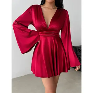 SYHAN 2026 Latest Women's Red Satin Dress with Flared Sleeves and Waist Elegant Party Long-Sleeve Formal Dress for Women - Womenswear
