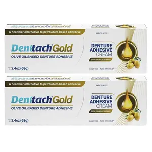 HOT 2026! Denttach Gold Denture Adhesive, Petroleum Free Olive Oil Based Premium Denture Adhesive Cream for Full and Partial Dentures, All Day Secure Hold Denture Glue, Zinc Free, 2.4 Ounce (Pack of 2)