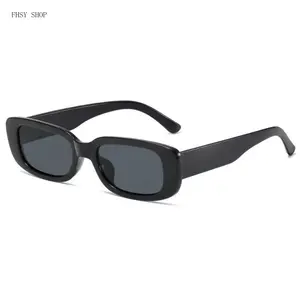 FHSY SHOP 90s-Era All-Black Old-Style Women's Small Rectangle Narrow Frame Sunglasses, UV Blocking, Non-Slip Temple, Lightweight Comfortable, for Casual Outfits Summer Beach, with LED Light Stickers, 90S-Era Women's Sunglasses, All-Black Women's Sunglasse