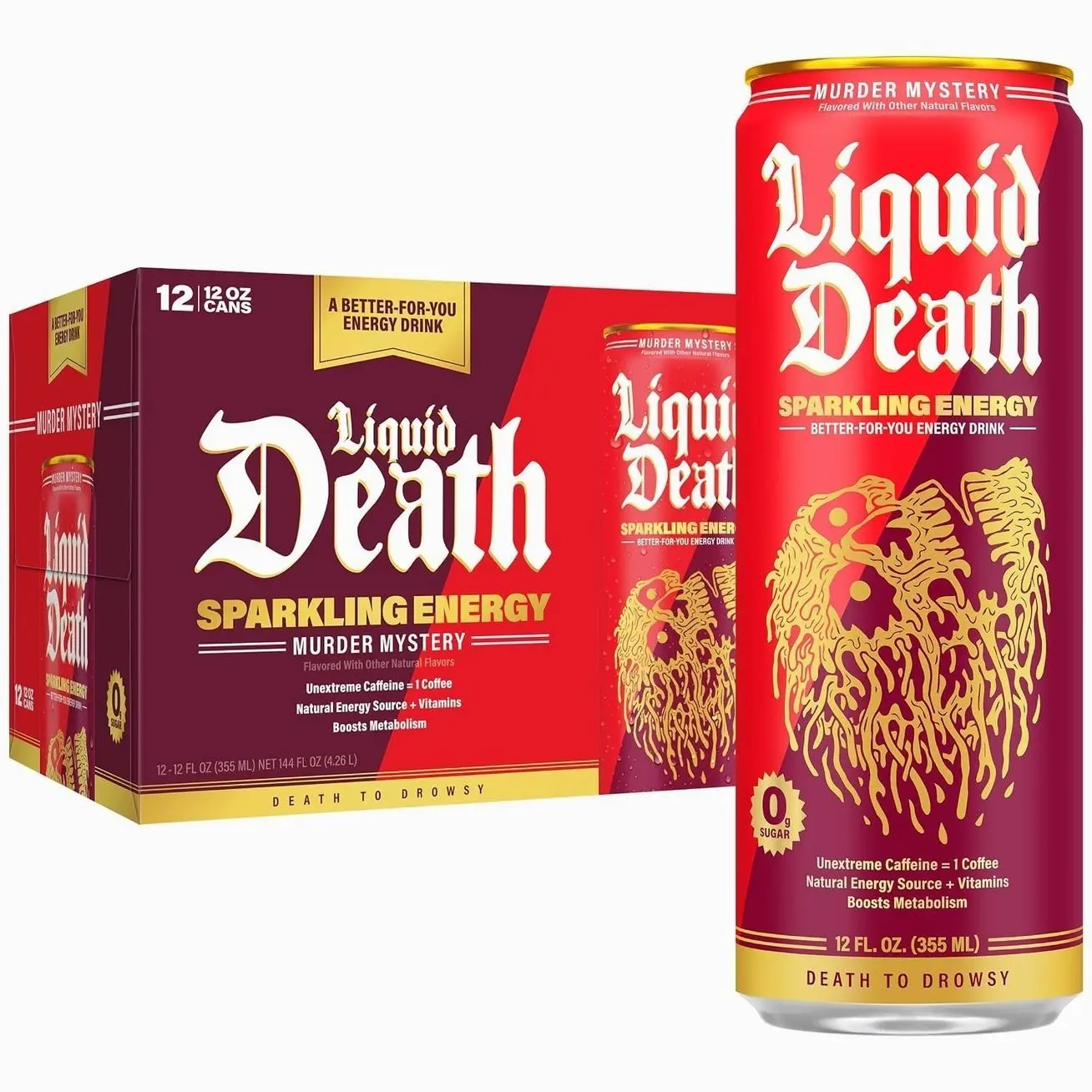 Liquid Death Sparkling Energy - Murder Mystery (Cherry, Cream, Spice), Zero Sugar Energy Drink, Unextreme Caffeine 100mg, Essential Vitamins, 12 Fl Oz (Pack of 12)