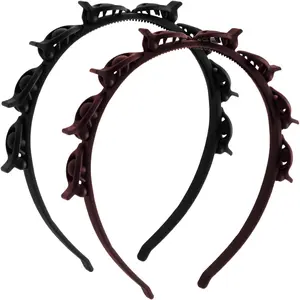2 count Headband with Clips, Hairpin Headband, Butterfly Clip Headbands Braided Weaving Hairstyle Accessories for Women Hair Bangs (Black, Dark Brown)