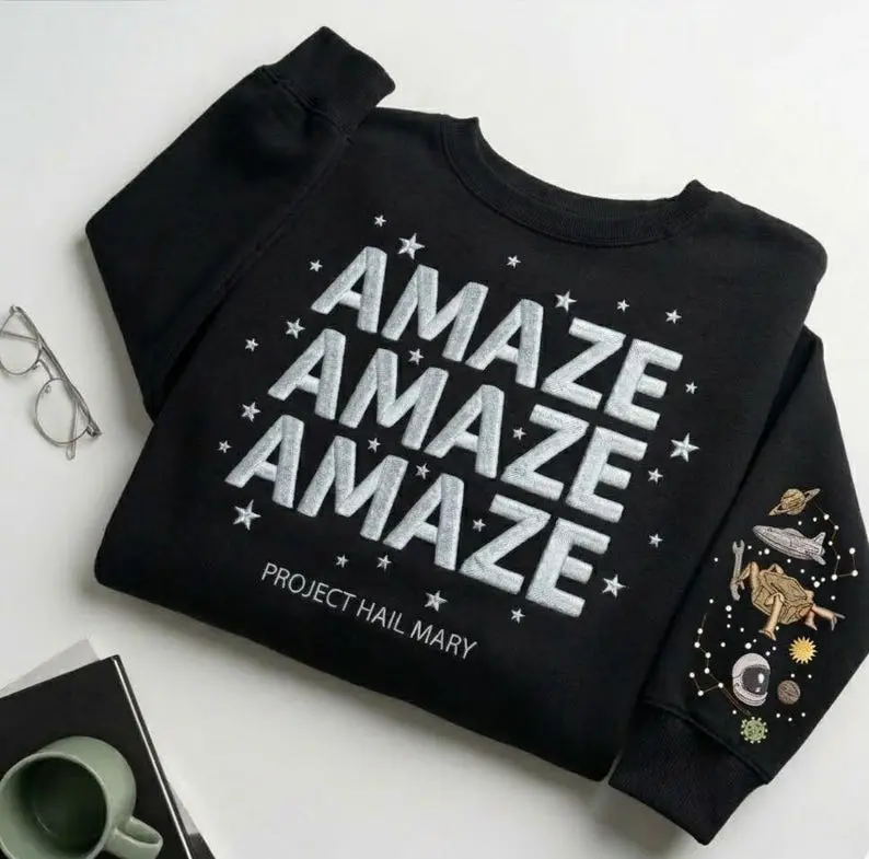 Women's Embroidered Rocky Amaze Crewneck Sweatshirt - Planet Project Hal Mary Top, Sci-Fi Fantasy Bookish Style, Book Lovers Gift with Soft Fabric, Matching Pants Sweatpants Joggers T-Shirt Option