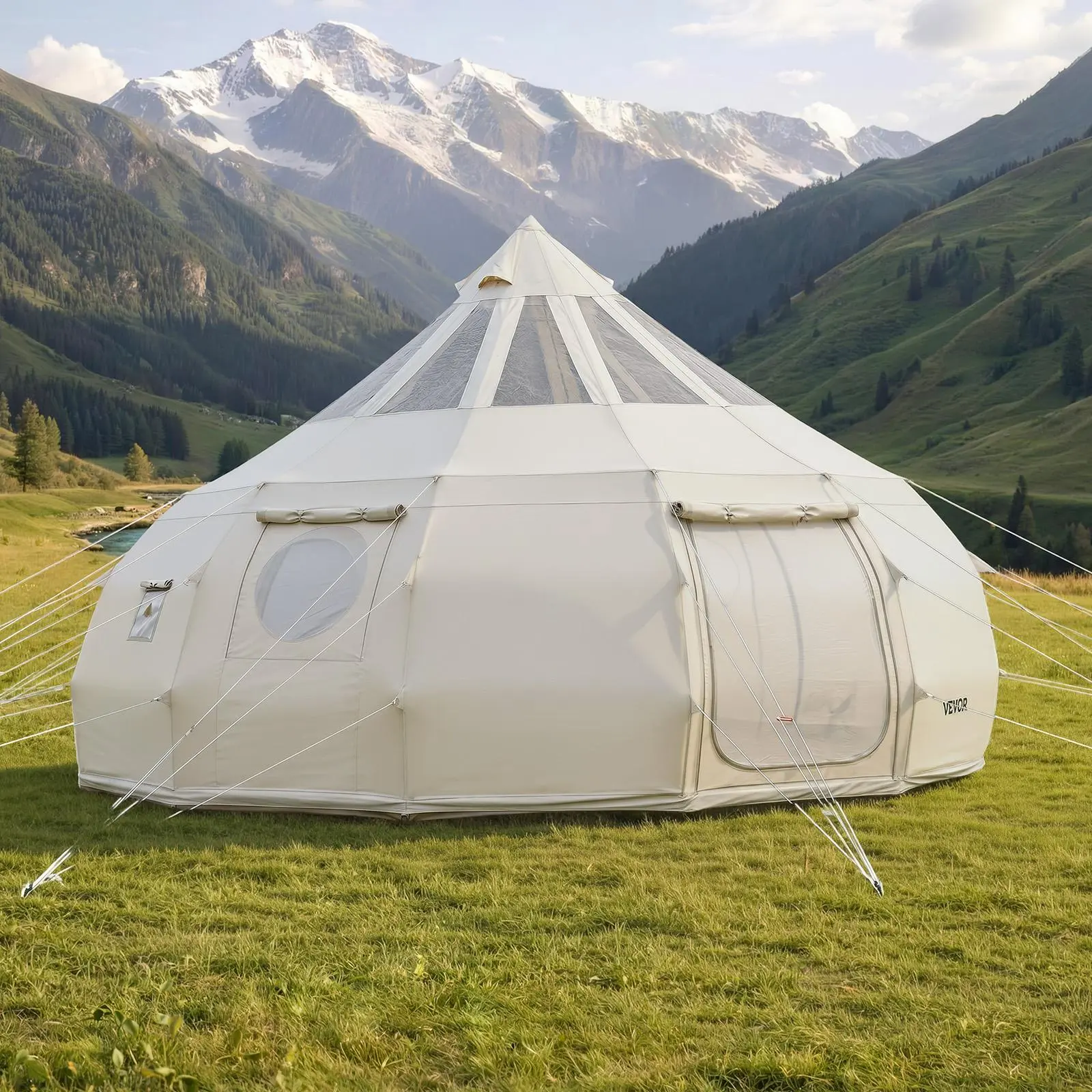 【SummerFinds】VEVOR Canvas Bell Tent, 4 Seasons 16.4 ft Yurt Tent for Camping with Stove Jack, Poly-Cotton Canvas Breathable Holds up to 12 People with Rain Cover, for Family Camping Glamping Outdoor Hunting Party