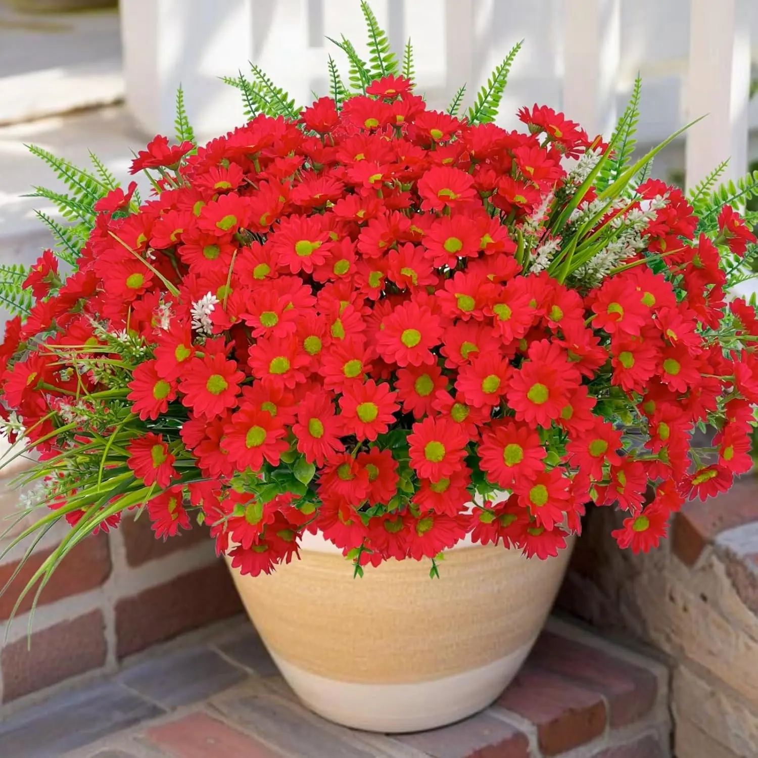 Artificial Daisy Flowers Faux Plants for Outdoor UV Resistant, Fake Silk Look Vibrant Faux Flowers Decorative Real Red Daises for Spring Outside Porch Planters Garden Yard Decoration, 12 Bundles