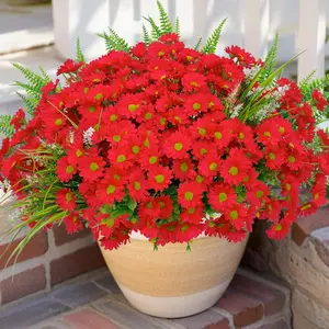 Artificial Daisy Flowers Faux Plants for Outdoor UV Resistant, Fake Silk Look Real Red Daises for Spring Outside Porch Planters Garden Yard Decoration, 12 Bundles