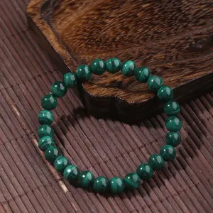 【Malachite】Malachite Single Strand Green Crystal Beaded Bracelet with Raw Banded Malachite