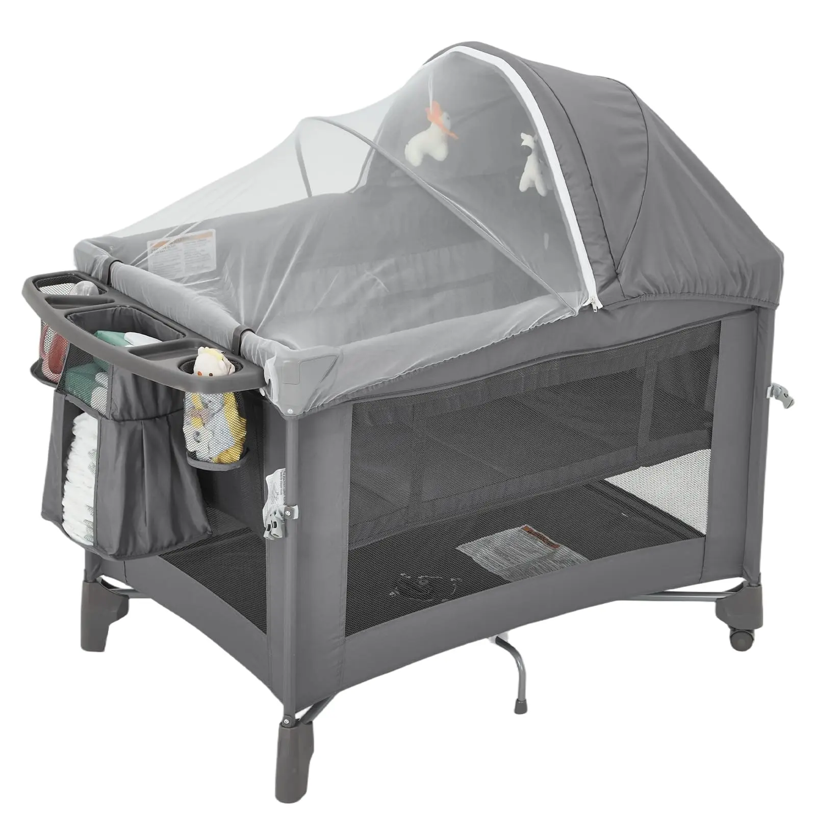 5‑in‑1 Baby Bassinet/ Bedside Crib Sleeper, One‑Push Setup Pack and Play, Diaper Changer with Comfy Mattress, Rotating Toy Bar & Insect Net – for Infants, Newborns & Toddlers