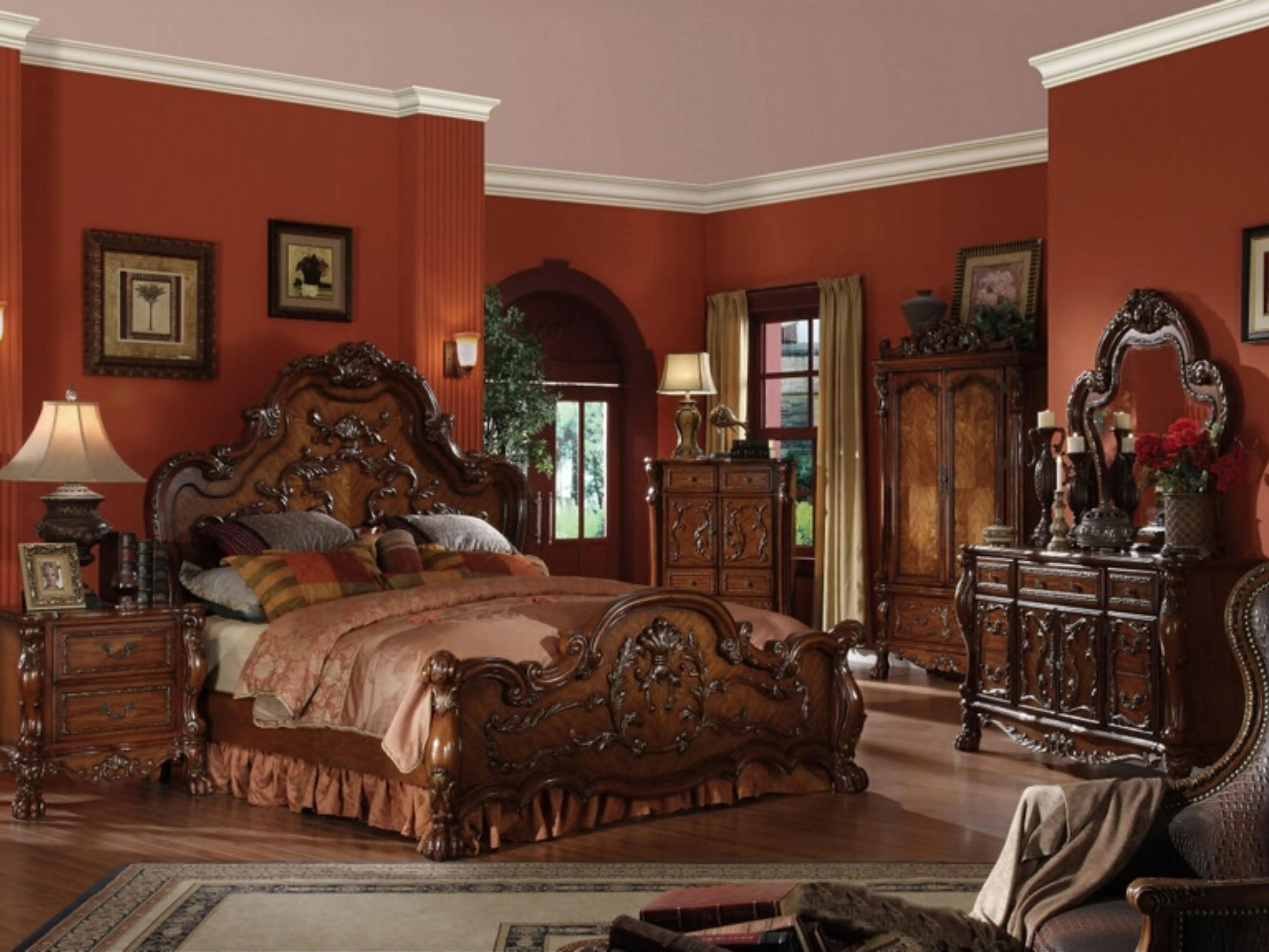 Acme 12140Q 4-Piece Queen Bedroom Set, Dresden Cherry Oak Finish, Decorative Carvings, Nightstands, Wooden Dresser for Classic Elegance, Nightstands Set, Wooden Dresser Set