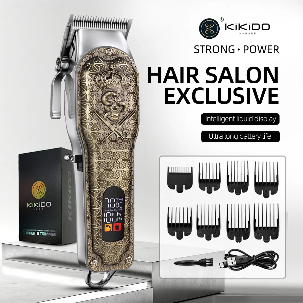 Kikido Professional Hair Clipper Kit Strong Motor LCD Screen 8 Combs for Men Women Salon Home