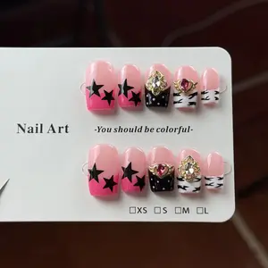 10pcs high-end Sweet and cool spice girl style, hand-painted zebra stripes, stars, and sparkling heart diamonds handmade fake nails, Elegant Rhinestone Decorated
