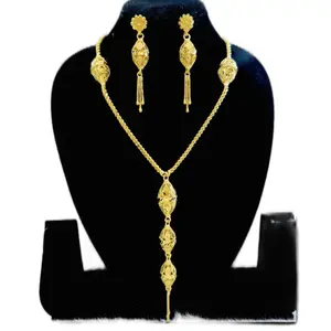 High Quality Gold Plated Long Abaya Style Necklace with Earrings Set for Elegant Outfits