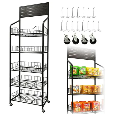 5 Tier Supermaket Snack Rack Display Stand, Bathroom Storage Rack,Free-Standing Black Retail Display Shelves with 15 Hooks & 4 Wheels, Large Metal Snack Shelf for Store Business