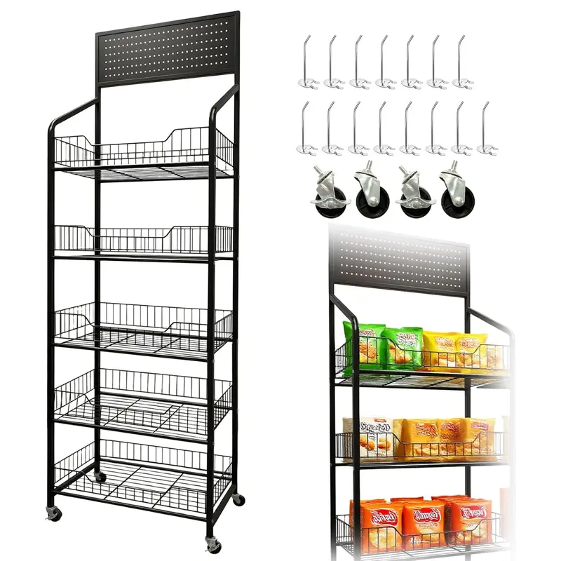 5 Tier Supermaket Snack Rack Display Stand, Bathroom Storage Rack,Free-Standing Black Retail Display Shelves with 15 Hooks & 4 Wheels, Large Metal Snack Shelf for Store Business