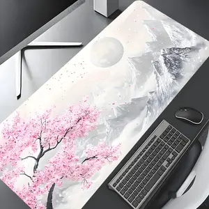 Japanese Serene Cherry Blossom Snow Mountain Design Large Gaming Mouse Pad,Aesthetic Desktop Drotection Pad,Washable Rubber Pad Non-Slip Lock Edge Multi-Size Mouse Pad Suitable For Home Office, Office Desk Accessories, Good Gift for Family and Friends