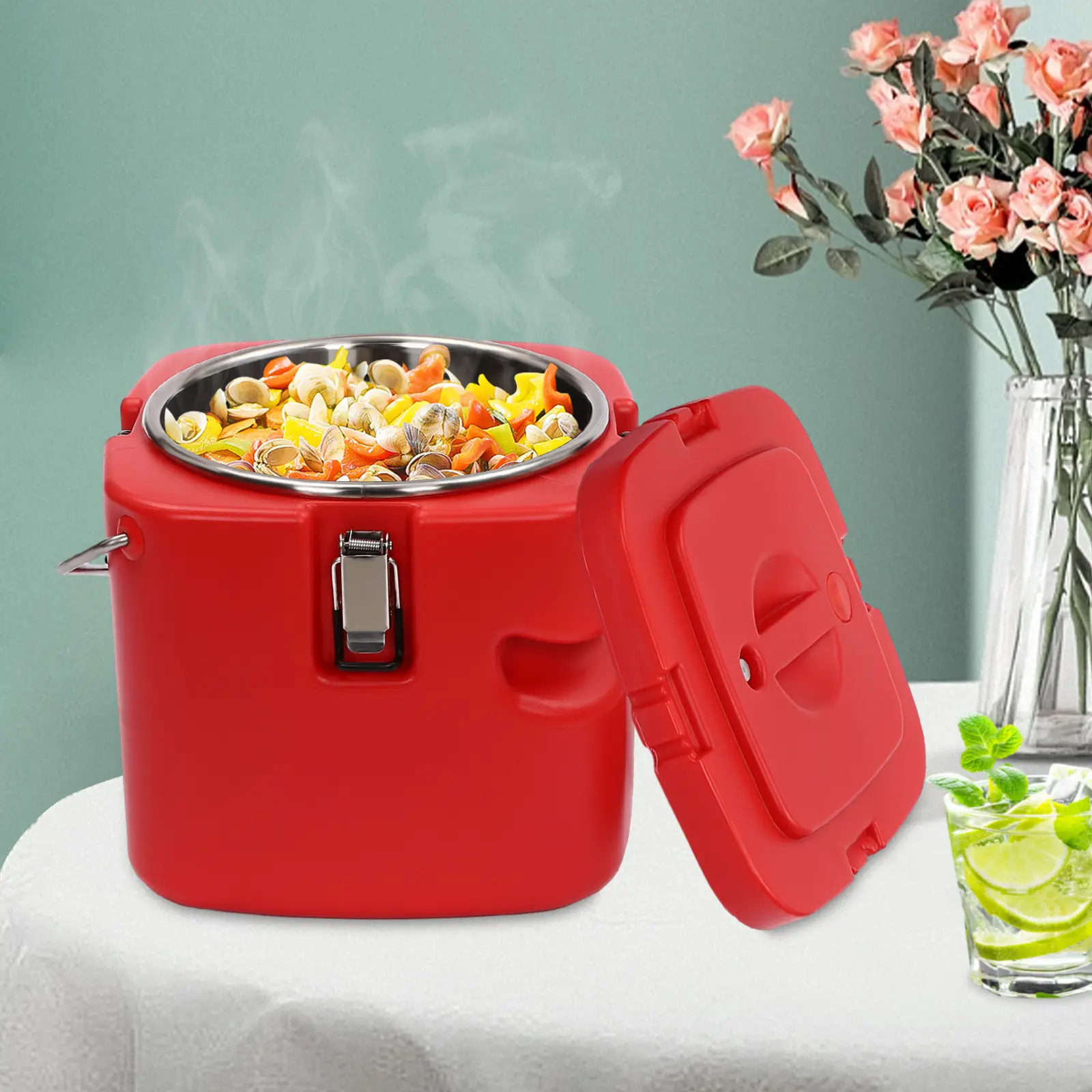 9.5L Insulated Soup Container 2.5gal, PE Stainless Steel Hot Cold Food Carrier for Camping Picnic Restaurant, Red Cooler Jug