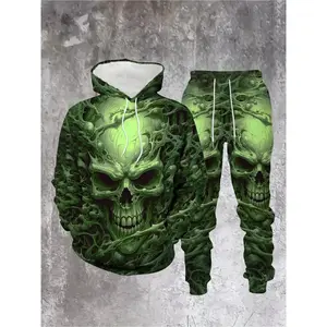 Dark fluorescent green skull boxy hoodie 2-piece set autumn and winter new outdoor street men's clothing
