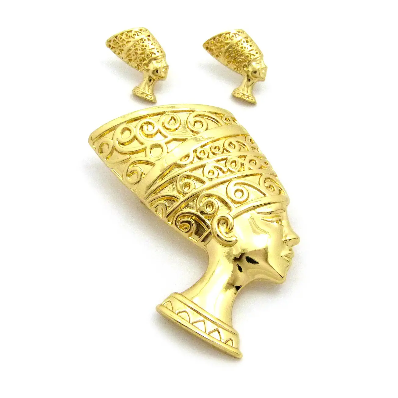 MaxBling81 Unisex 2-Piece Ethnic Jewelry Set - Gold-Plated Egyptian Nefertiti (Cat-Animal Motif) & Ankh Symbol Brooch & Stud Earrings for Casual Daily Wear, Ideal for Fashion Enthusiasts (Type C Reference Per SEO Requirement), Egyptian-Themed Outfits