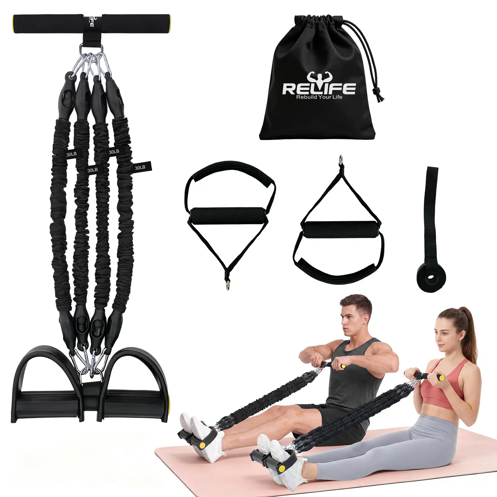 Relife Sports Multifunctional Fitness Resistance Band Trainer with Foot Pedals, Portable Home Gym Exercise Equipment for Women Arm Abdominal Yoga Training, Ideal Holiday Fitness Gift