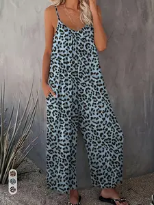 Ladies' Casual Sleeveless Jumpsuit, Leopard Print Pockets, Loose Camisoles, All Seasons, Organic Textile, Comfortable & Stylish