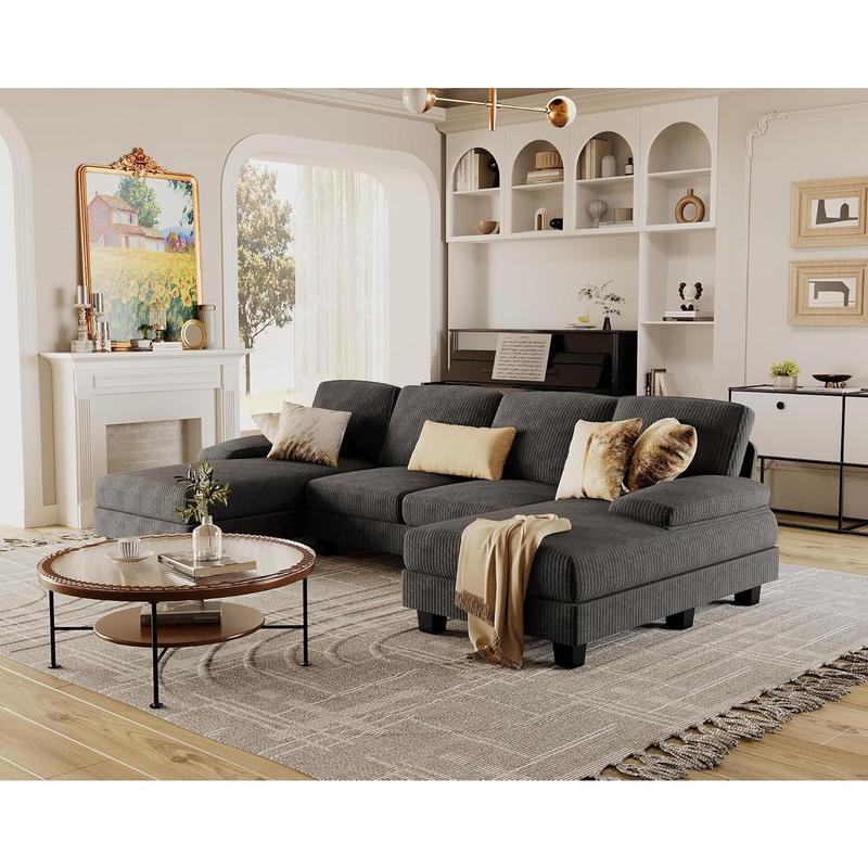 U-Shaped Sectional Sofa with Double Chaise, 4-Seat Couch with Corduroy Upholstery for Living Room or Apartment – Dark Grey