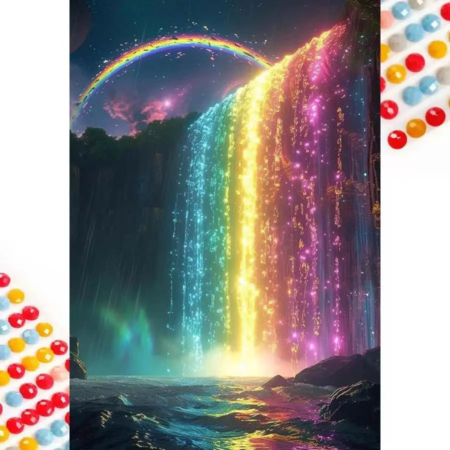 5D DIY Diamond Art Painting Kit, Rainbow Waterfall Mosaic Design, Canvas Art Wall Decor, Perfect Gift for Birthday, Anniversary