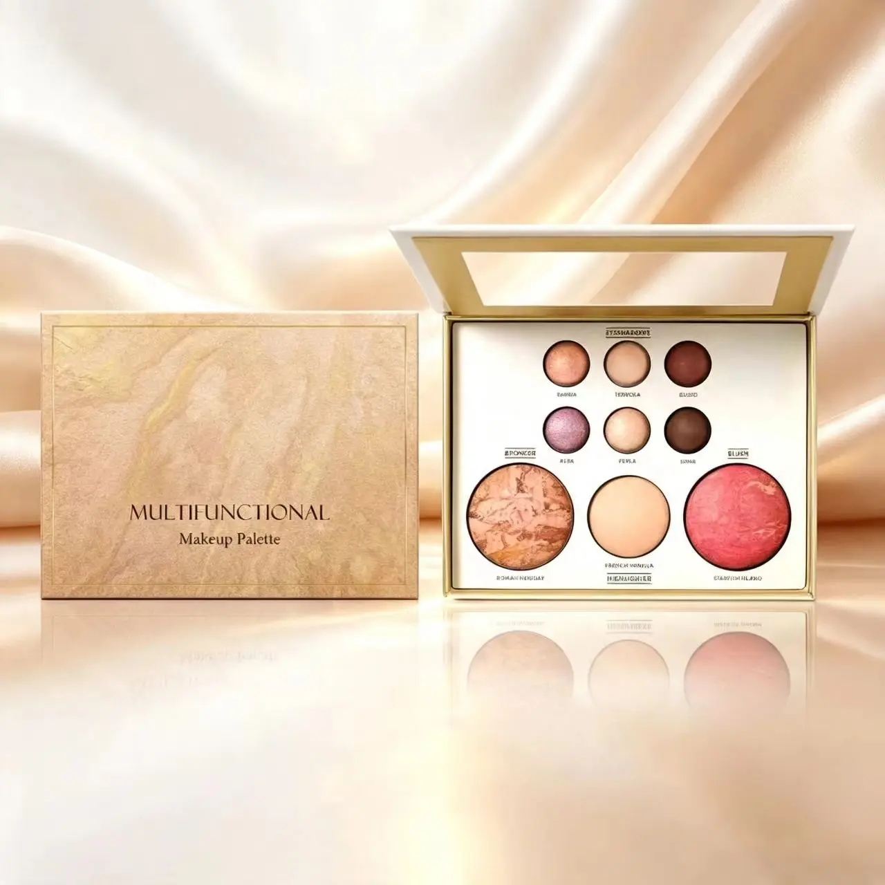 Multifunctional face makeup palette featuring marble-patterned blush, highlighter, contour, and eyeshadow.