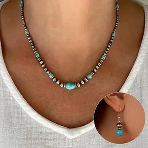 Veliora Gift B Western Jewelry Set Navajo Pearl Necklace Earring Set Turquoise Jewelry for Women Country Concert Cowgirl Dress Boho Necklaces Western Outfit for Women jade bracelet