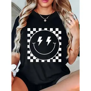 Women’s Black Checkered Smiley Face Lightning Bolt T-Shirt, Casual Festival Streetwear