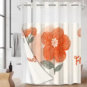 1pc hookless shower curtain with buckle lining, spring floral design with red flowers and green leaves, 2D flat printing, waterproof fabric lining, double-layered shower curtain with see-through window, 71 x 74 inches, modern home draping curtain.
