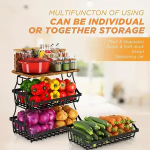 Three-Tier Kitchen Counter Display Storage Rack – Metal Counter Storage Rack with Wooden Top, Kitchen and Bathroom Spice Rack