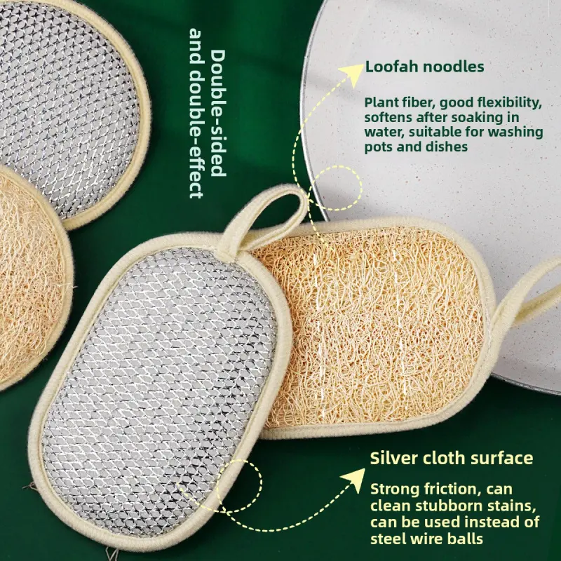 2-Pack Silk Cucumber Mesh Silver Thread Cleaning Cloths with Loofah Fiber, Dish Sponges & Scrubbing Cloths for Kitchen Dishwashing, Household Pot Scrubbing & Exfoliation