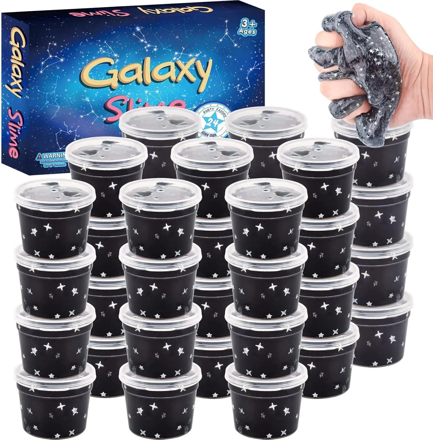 24 Pack Black Galaxy Slime Party Favors for Kids, Super Soft Non-Sticky Galaxy Slime Cups with Star Glitter, Birthday Goodie Bag Stuffers, Classroom Rewards for Girls & Boys