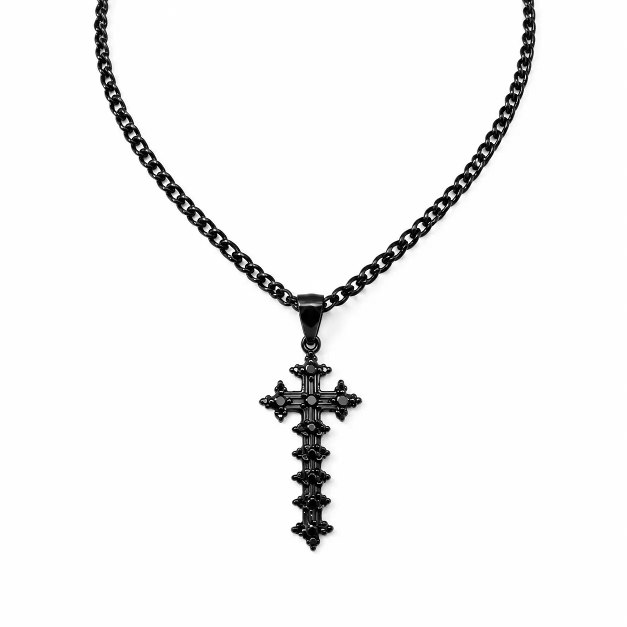 Women's Black CZ Gothic Cross Necklace - 4.5cm, 316L Stainless Steel Base, Black IP Plated Curb Chain, AAA Cubic Zirconia Punk Western Jewelry, Everyday Wear Gift