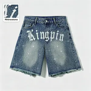 Men’s high-quality cotton denim jeans with rhinestone embellishments, men’s trendy denim shorts, stylish rhinestone letter decorations, unique distressed design, loose street-style jeans