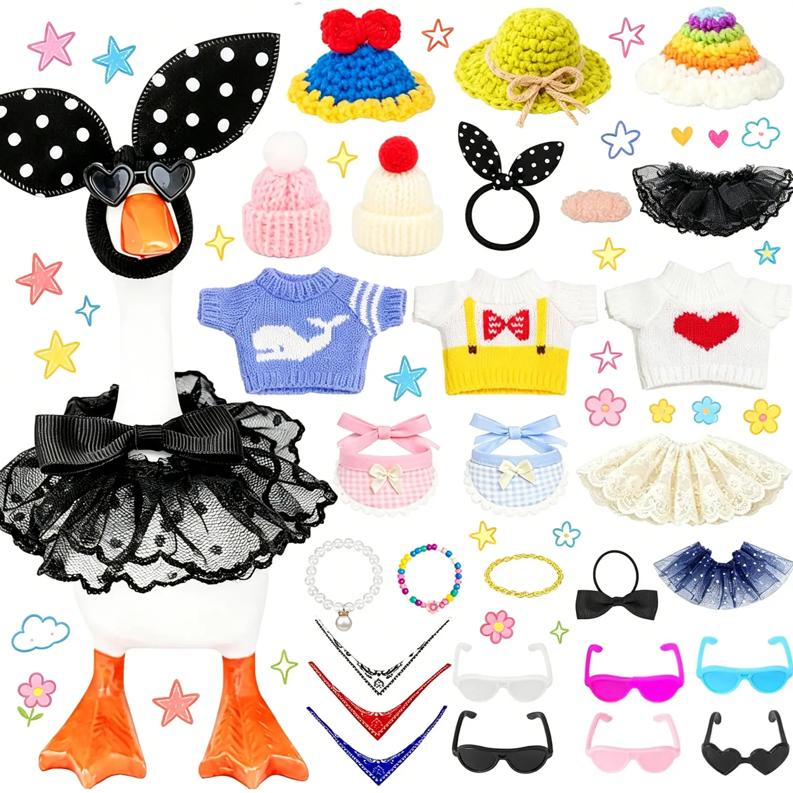 28pcs Desk Goose Outfits for 7 Inch Goose, Mini Desk Goose Clothes Accessories Set with Hats Sweaters Dresses Sunglasses, Cute Office Table Decor Gift