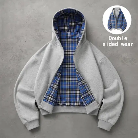 Unisex cotton-blend reversible hooded set, plaid hoodie jacket worn two ways + casual long pants, with pocket design, comfortable casual street-style two-piece set.