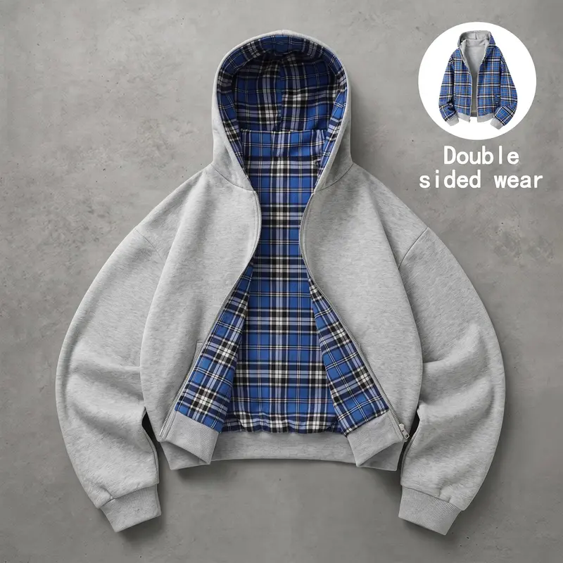 Unisex cotton-blend reversible hooded set, plaid hoodie jacket worn two ways + casual long pants, with pocket design, comfortable casual street-style two-piece set.