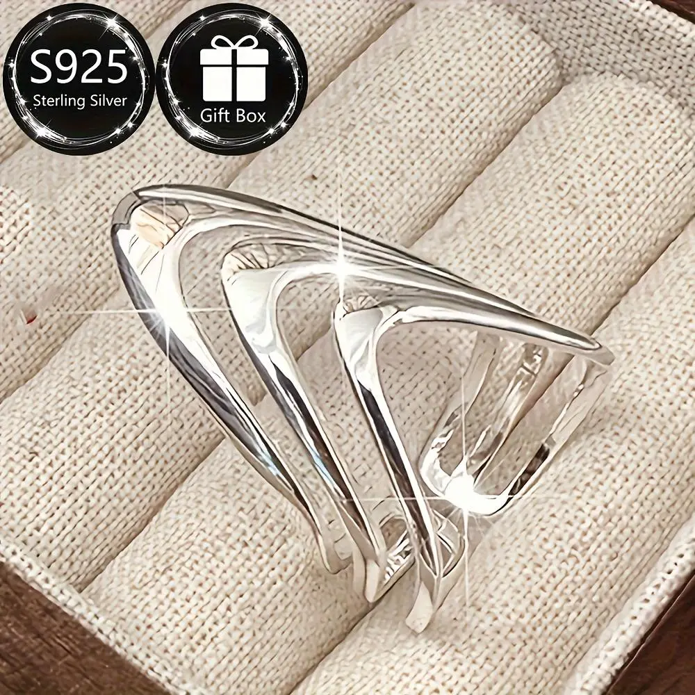 1pc 925 Sterling Silver Hip Hop Wide Face Ring - Adjustable Layered Open Band, 2g, Ideal for Weddings & Daily Wear, with Elegant Gift Box, Fashion Costume Jewelry Accessory