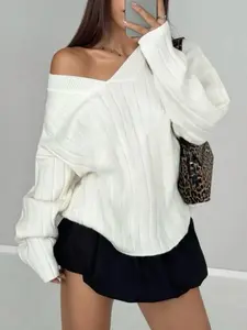 Women's Casual Loose-Fitting V-Neck Sweater Knitwear, Spring & Fall Fashion, Plain Color, Long Sleeve, Versatile and Comfortable