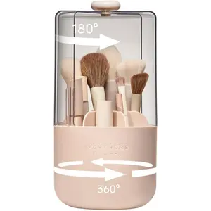 Makeup brush holder 360 rotating with dustproof lid waterproof material 7 compartments for organized storage stylish and durable design for vanity or bathroom pink