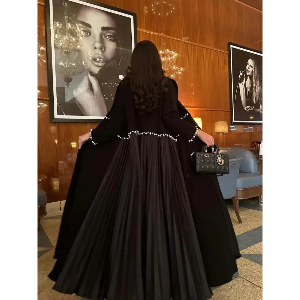 Eid Muslim Pearl Abaya for Women Beading Ramadan Cardigan Pleated Long Dress Morocco Kaftan Long Abayas Dubai Robe Jalabiya 2024