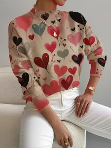 Women's Fall Winter Knit Sweater, Elegant Heart Pattern Print, Casual & Commute Wear, Everyday, Valentine's Day Gift, Holiday Style