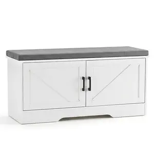 Shoe Storage Bench with Padded Cushion – Wide Shoe Organizer Cabinet, 2 Doors, Adjustable Shelf, Entryway Bench with Seat, White, for Hallway Bedroom Living Room